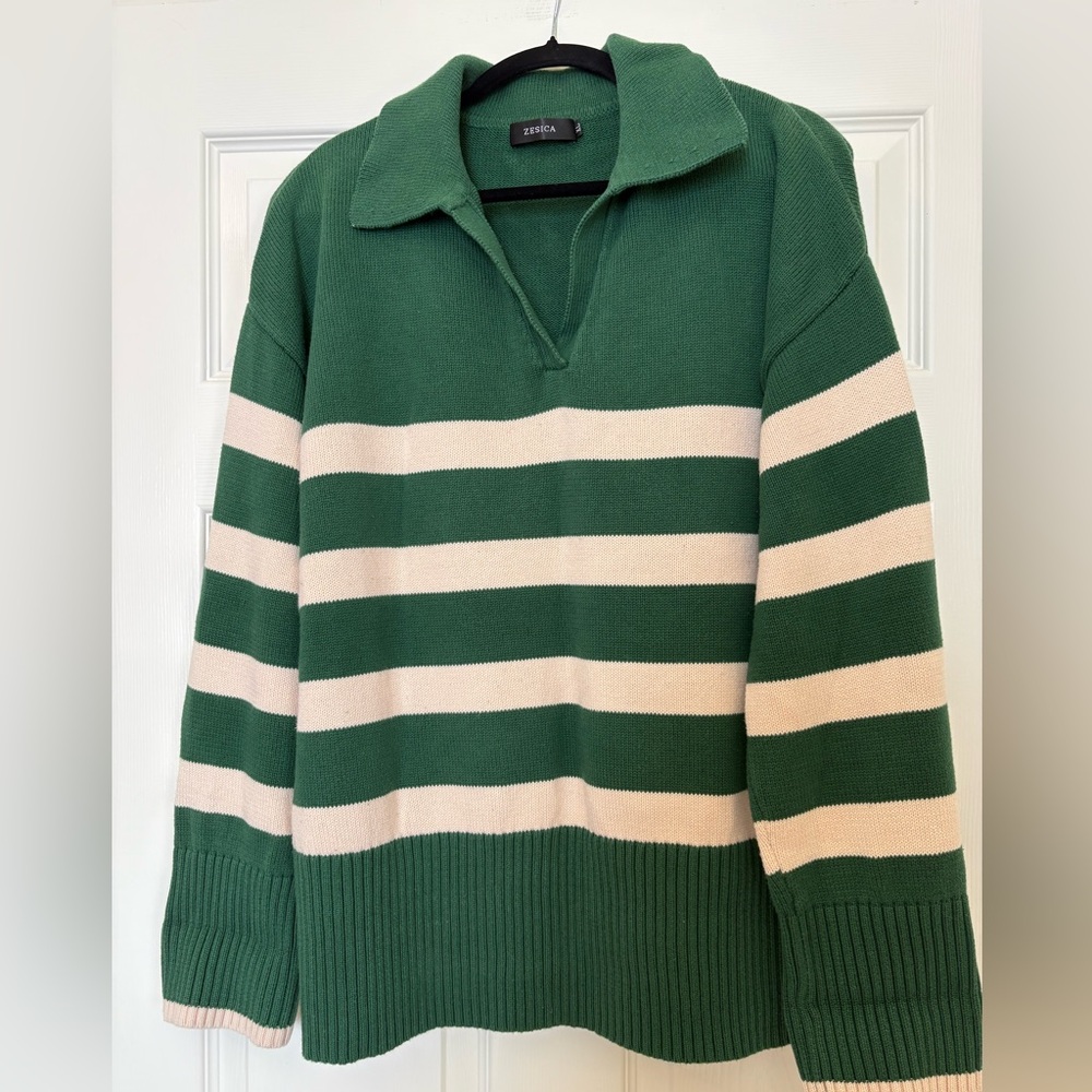 Amazon Zesica Green and Cream Striped Sweater